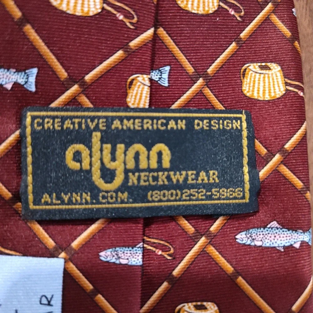 Alynn Neckwear Mens Silk‎ Tie Trout & Creel Fly Fishing Rods Burgundy Novelty